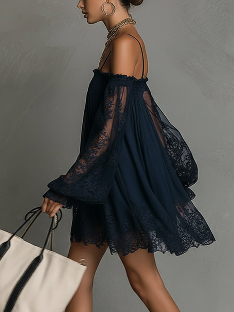 Noemi - Vestido corto de chiffon azul marino con escote de hombros descubiertos, borde de encaje y mangas transparentes