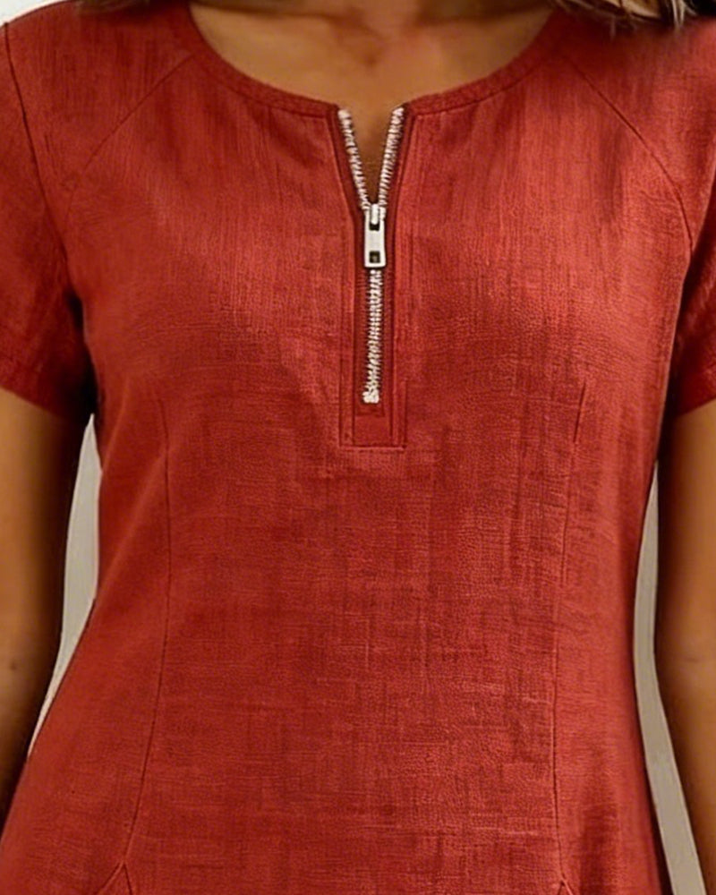 Vestido con cremallera y bolsillo de algodón y lino