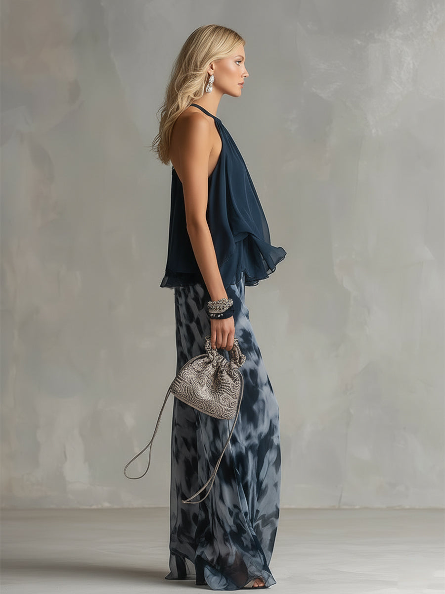 Ludovica - elegante en chiffon con top de cuello alto y pantalones anchos estampados