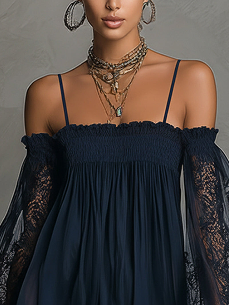 Noemi - Vestido corto de chiffon azul marino con escote de hombros descubiertos, borde de encaje y mangas transparentes