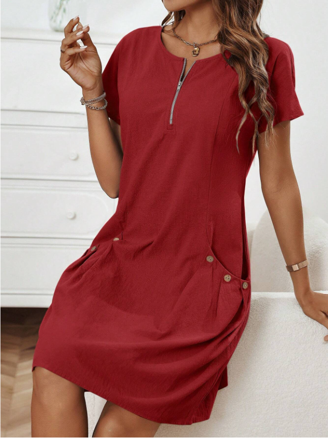 Vestido con cremallera y bolsillo de algodón y lino