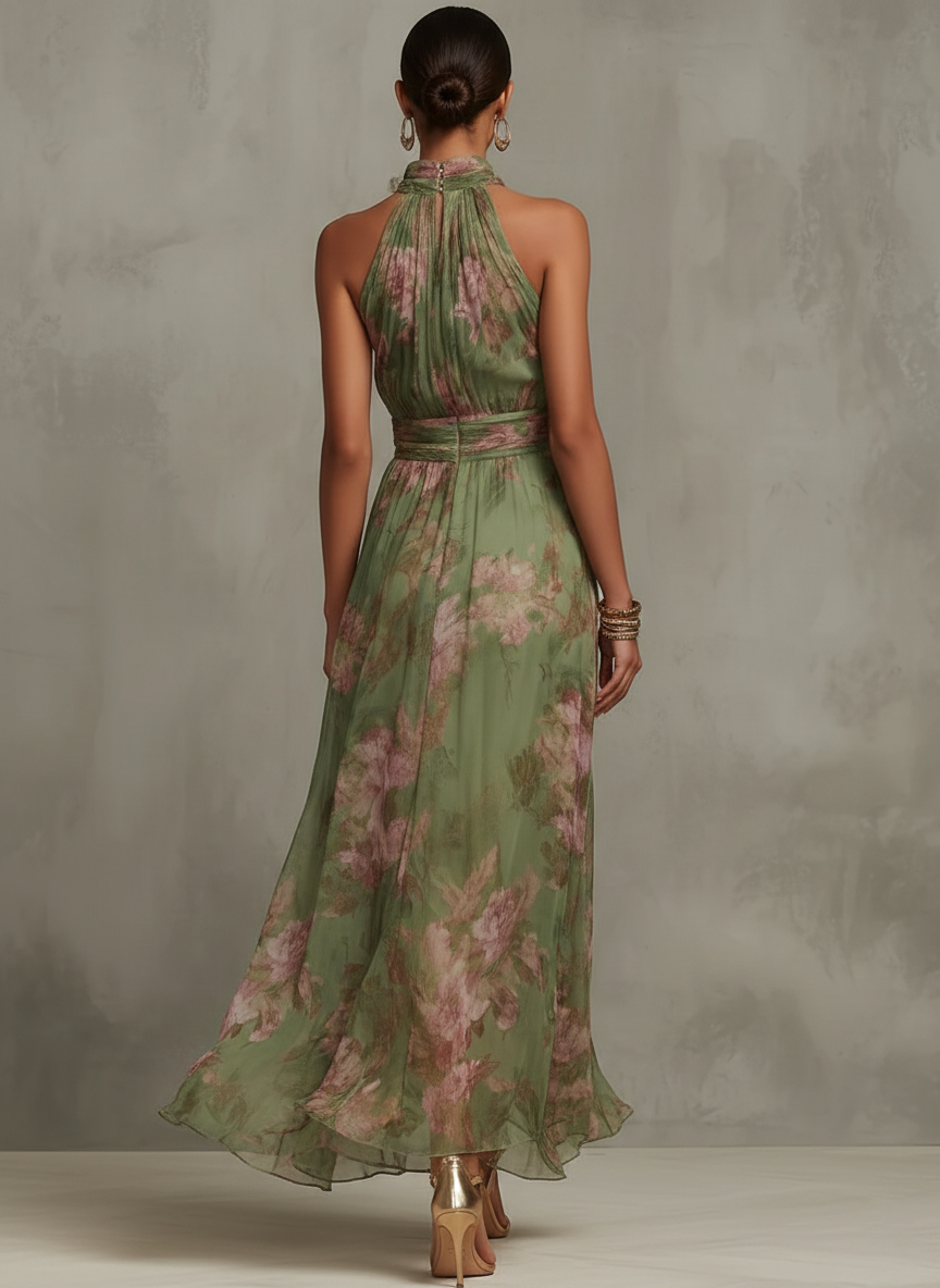 Serena - Vestido largo verde con estampado floral en chiffon y escote halter