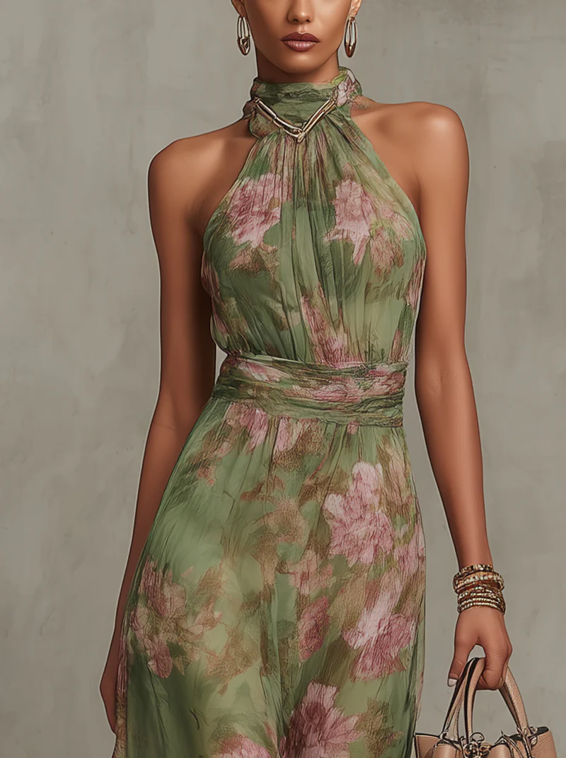 Serena - Vestido largo verde con estampado floral en chiffon y escote halter