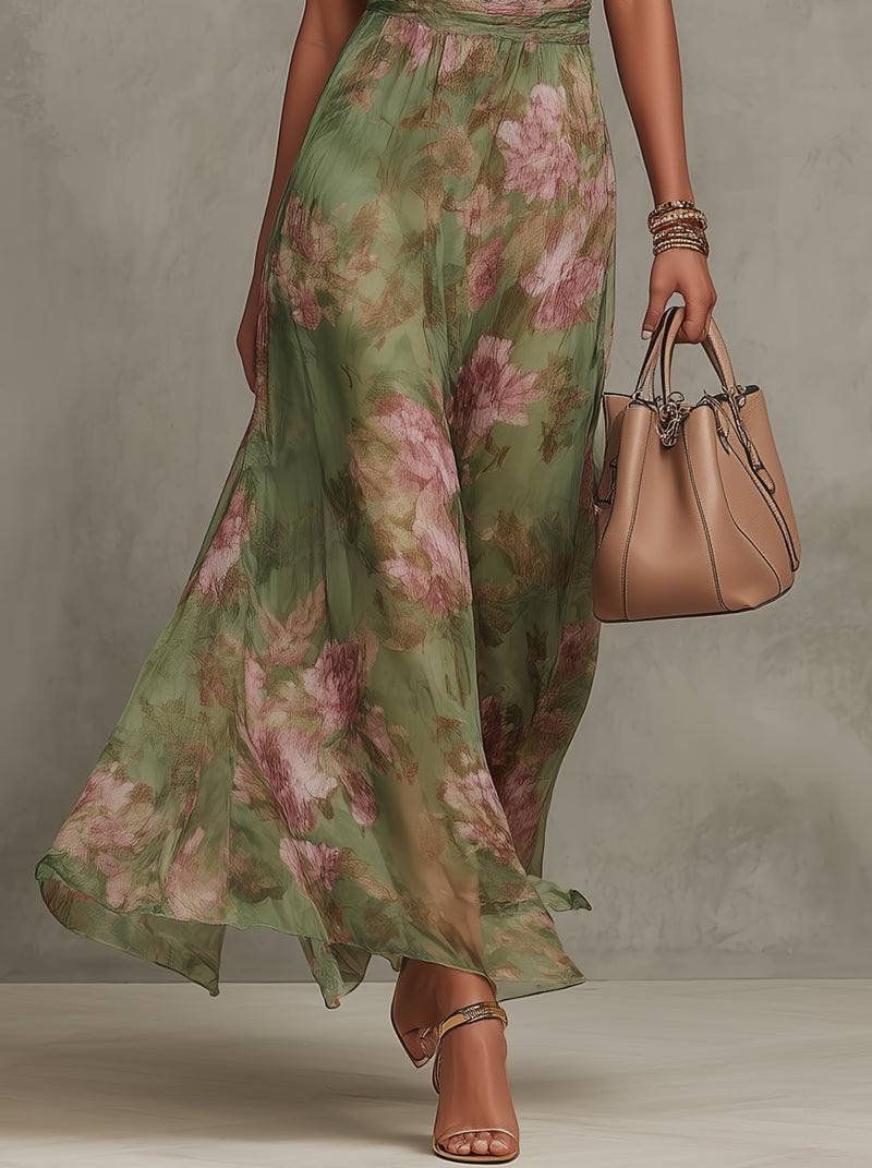 Serena - Vestido largo verde con estampado floral en chiffon y escote halter