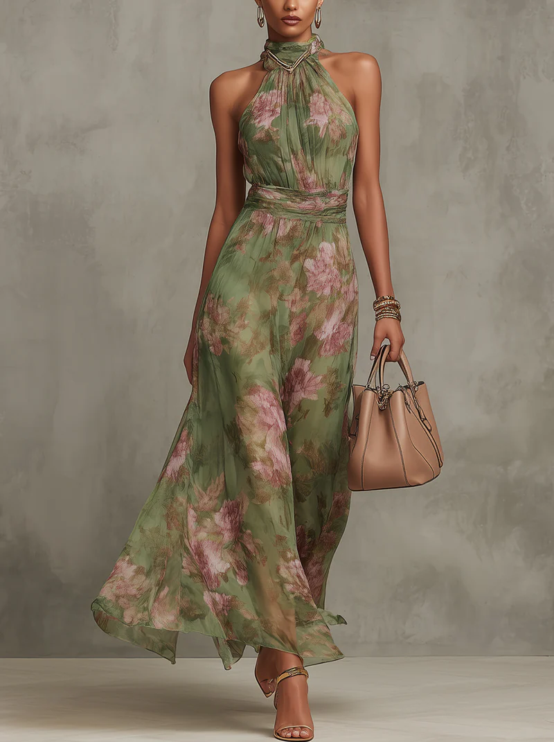 Serena - Vestido largo verde con estampado floral en chiffon y escote halter