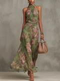 Serena - Vestido largo verde con estampado floral en chiffon y escote halter
