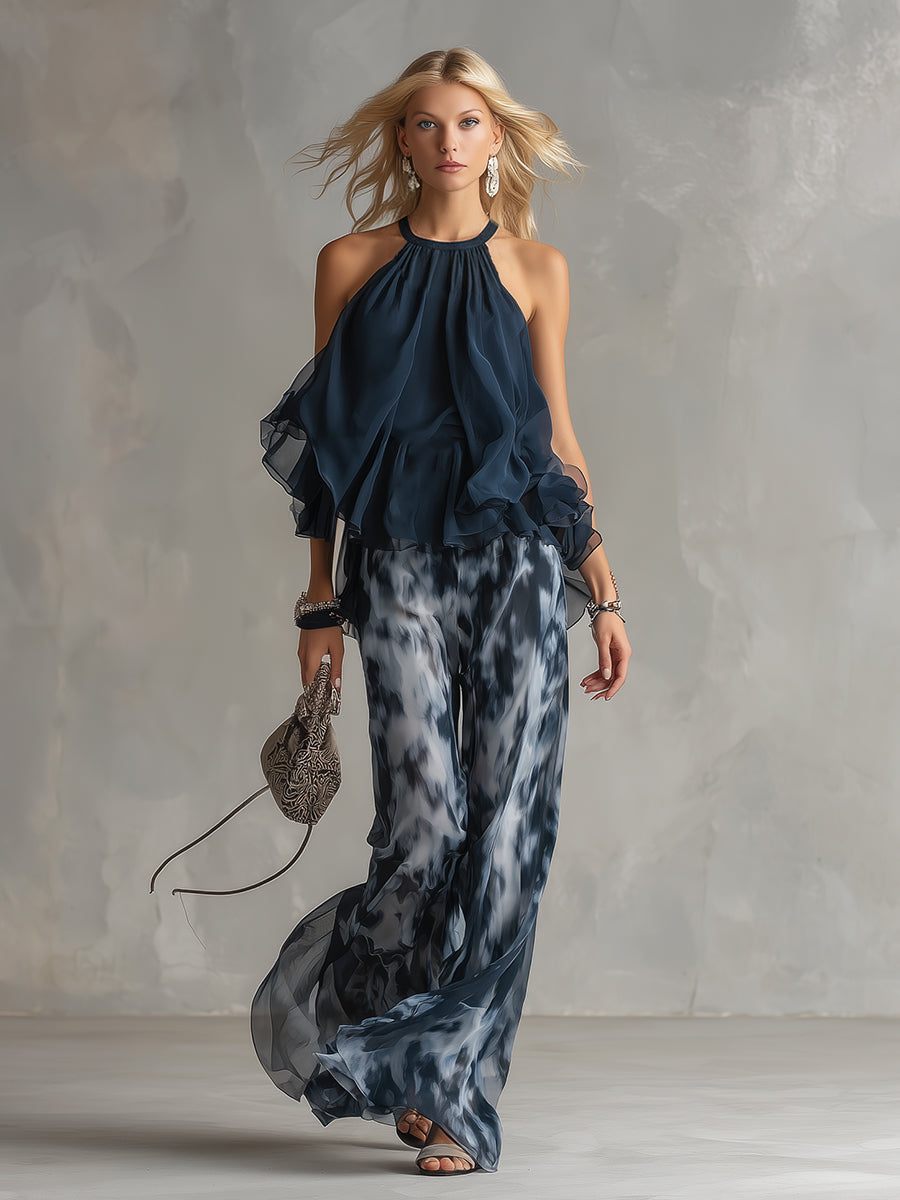 Ludovica - elegante en chiffon con top de cuello alto y pantalones anchos estampados