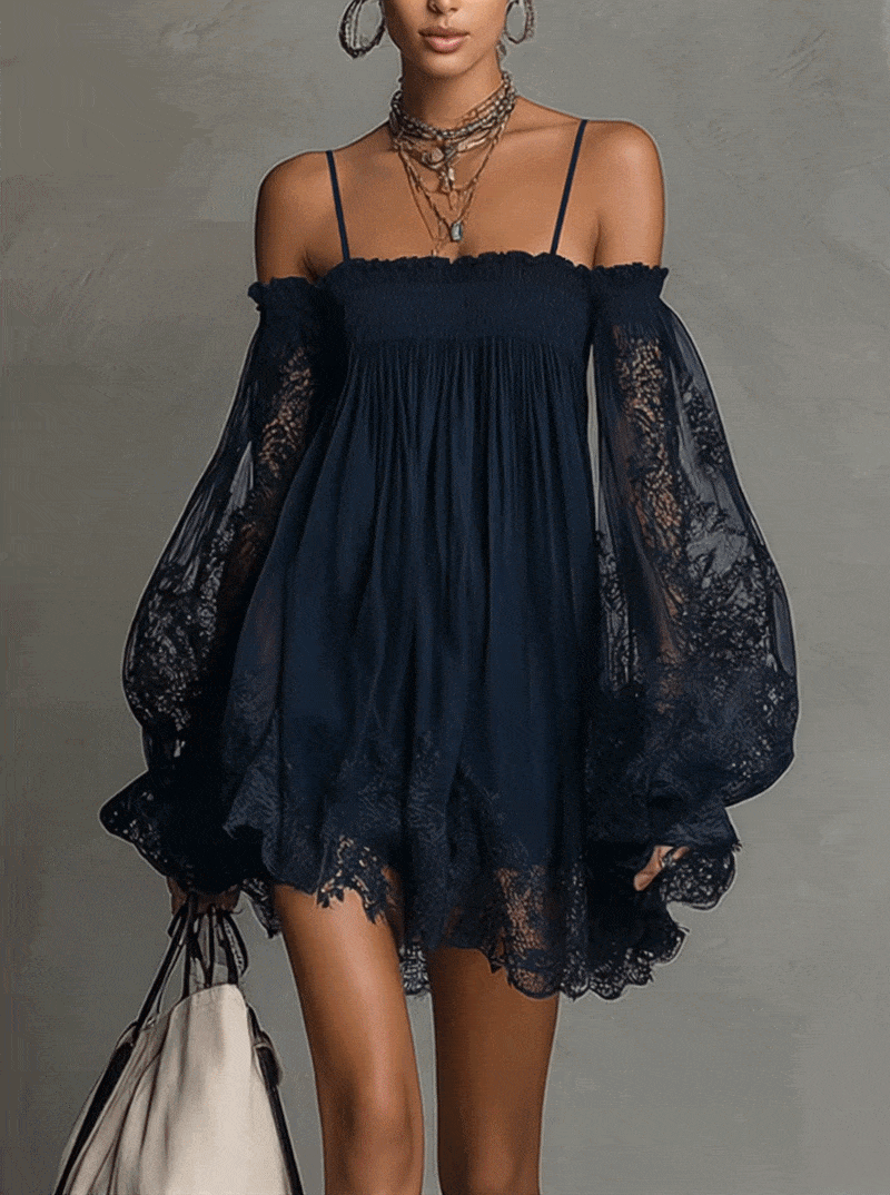 Noemi - Vestido corto de chiffon azul marino con escote de hombros descubiertos, borde de encaje y mangas transparentes