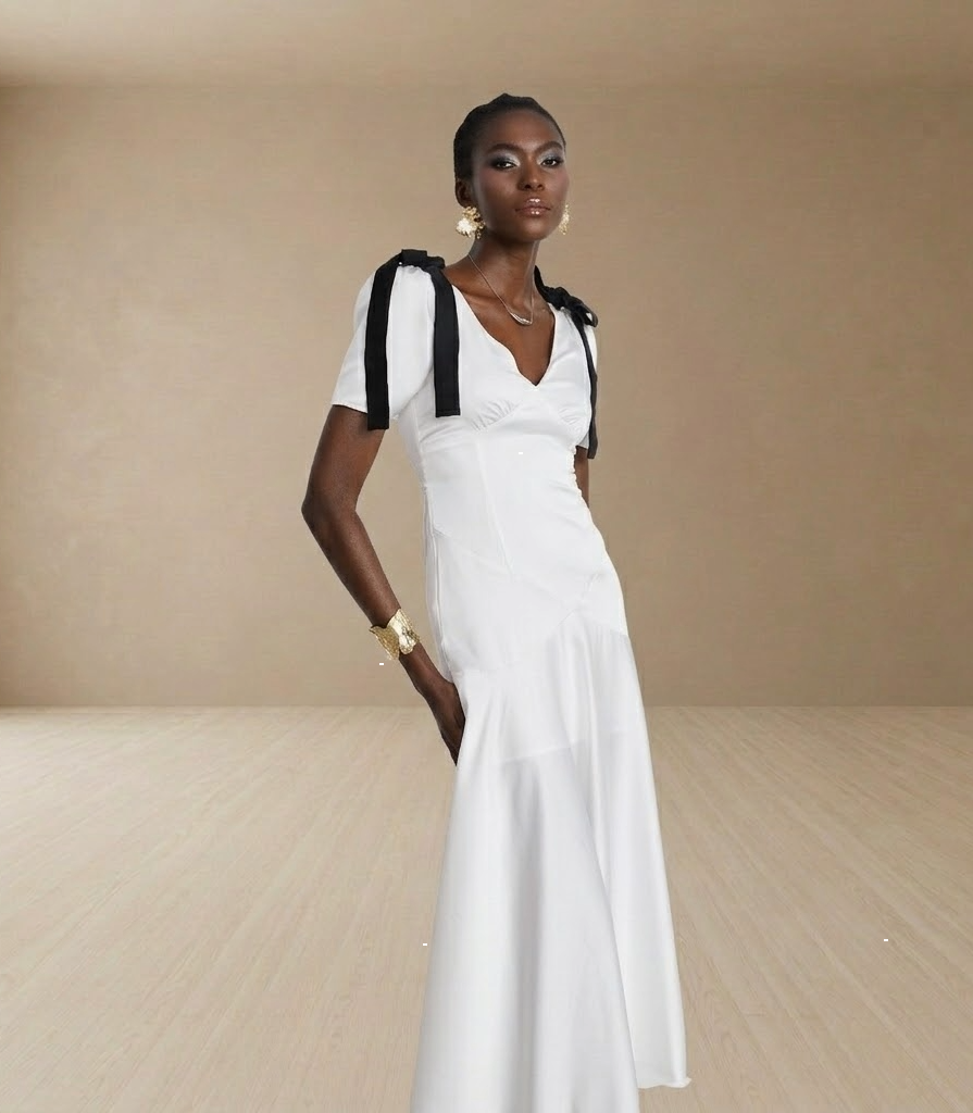 Cyrielle vestido maxi con detalle de lazo y mangas abullonadas